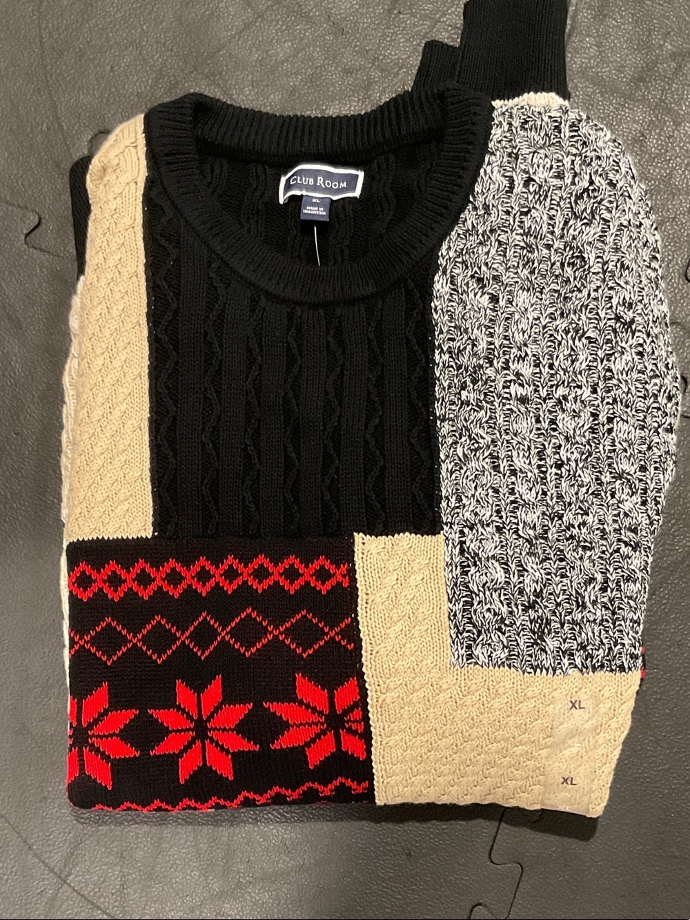 Club Room Black, Beige & Red Patchwork Crewneck Sweater
